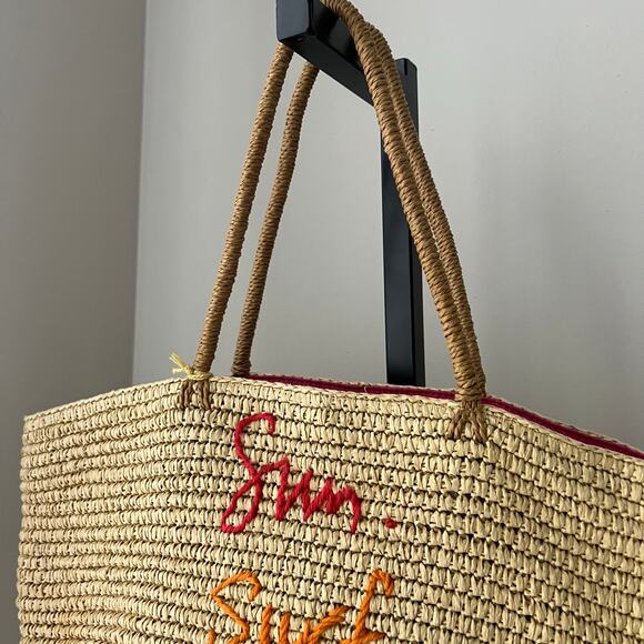 Rebecca Minkoff Sun Surf Sand Repeat Straw Tote Summer Beach Natural Tassels Fun - Picture 7 of 9